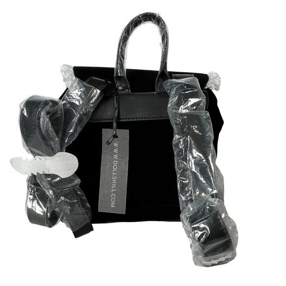 Dolls Kill Black Velvet Backpack White Embroidered Cross Drawstring Flap Bag - Picture 3 of 16